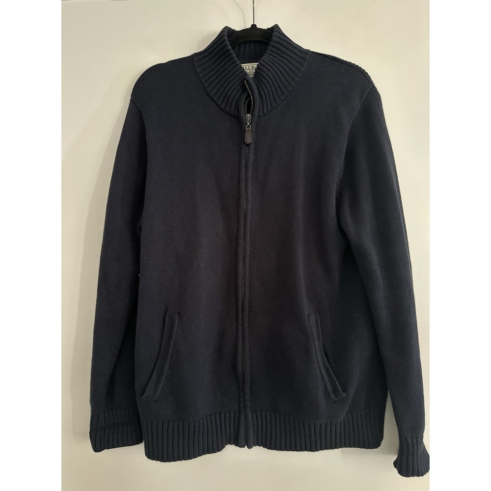 LL bean Mens XL Full Zip Sweater Cardigan Navy 100% Cotton Pockets Mock Collar